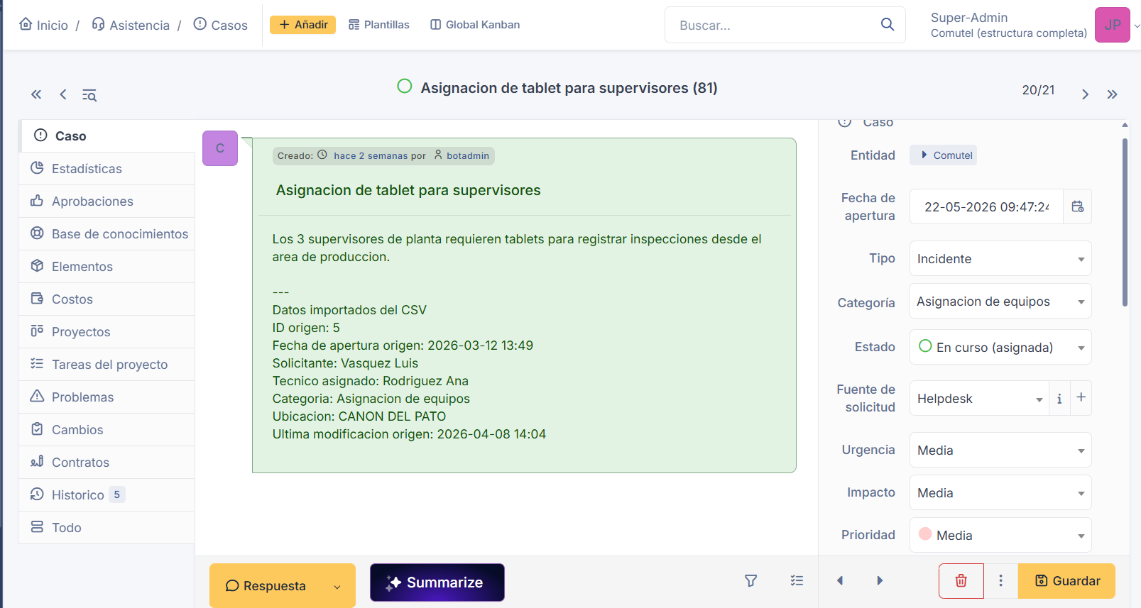 GLPI — conversación de soporte asociada a un ticket