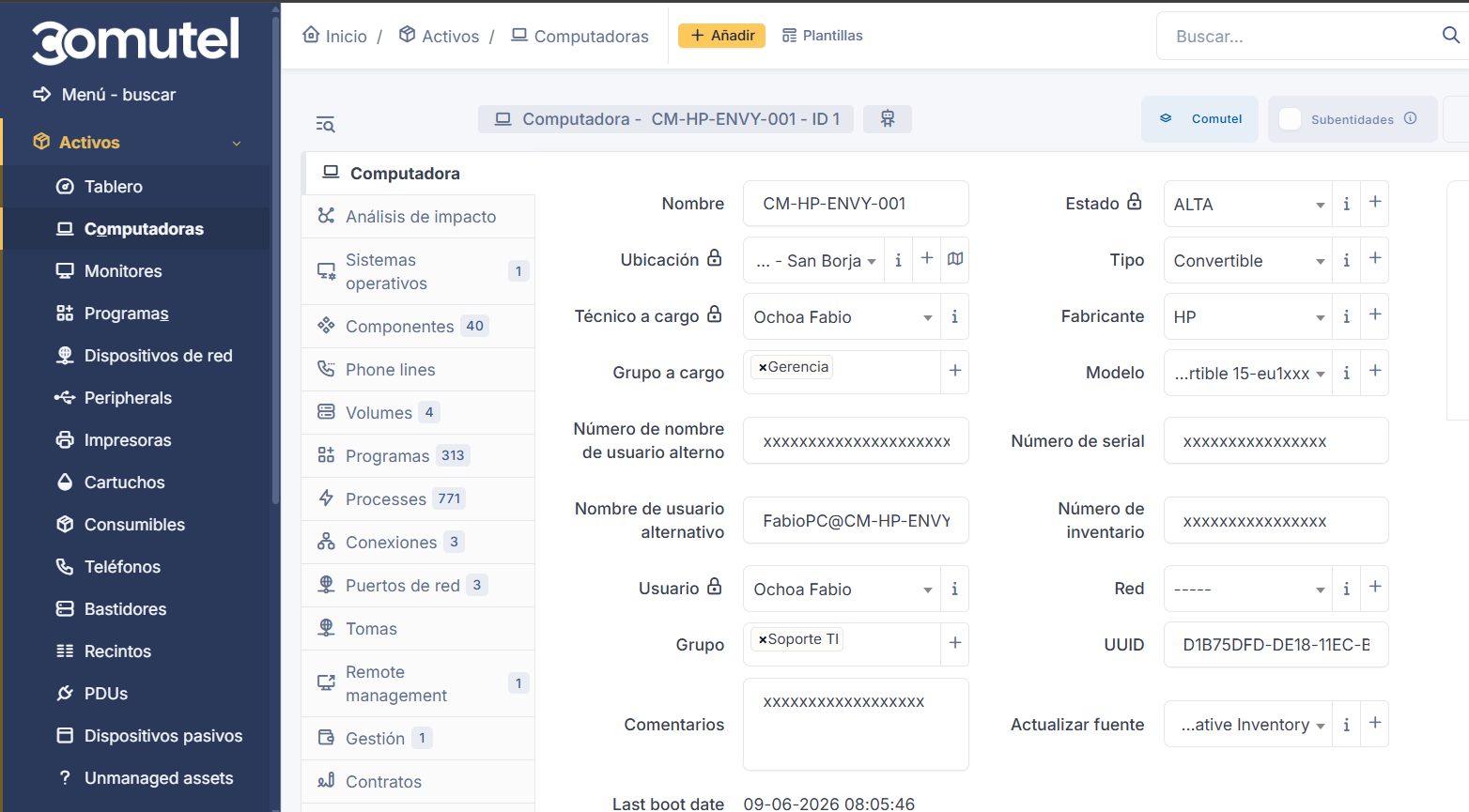 GLPI — detalle de un activo administrado