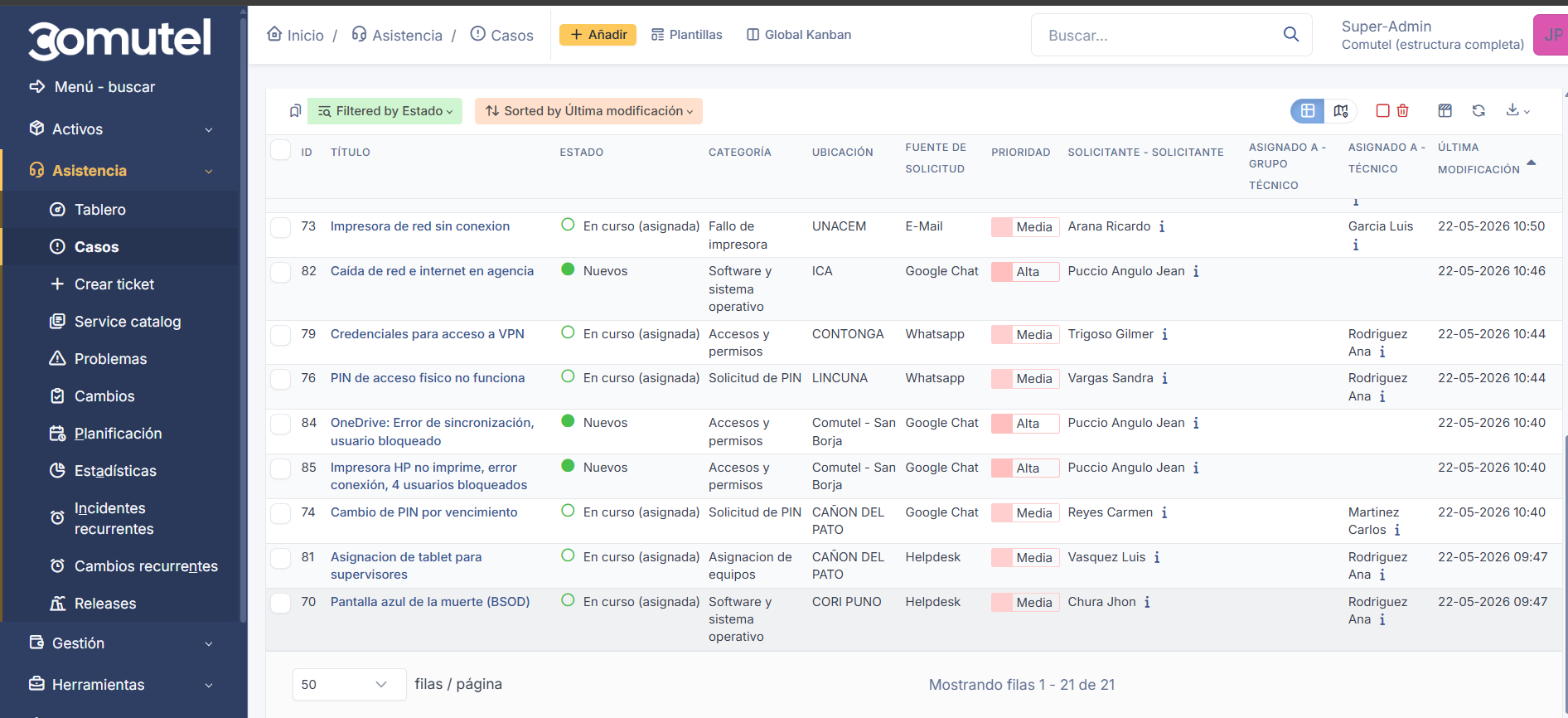 GLPI — vista de tickets de mesa de ayuda