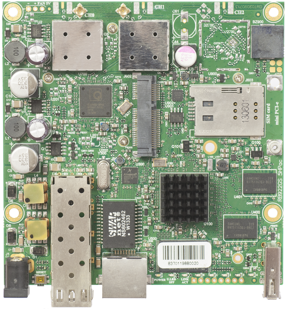 MikroTik - Placa RB922UAGS-5HPacD, 720Mhz CPU, 128MB RAM, 1xGigabit Ethernet, 1xSFP cage, 1xminiPCI-e, 1xSIM, onboard 802.11ac Two Chain 5Ghz wireless, RouterOS L4