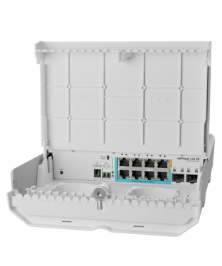 MikroTik - Switch netPower Lite 7R, 7 puertos ethernet con PoE reverso, 2 puertos SFP+. Para uso en exteriores.