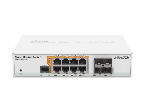 MikroTik - CRS112-8P-4S-INCloud Router Switch 8 puertos Gb POE, 4 puertos SFP, procesador de 400Mhz, 128MB RAM, RouterOS L5.