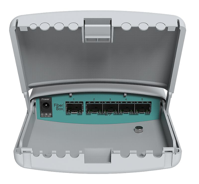 MikroTik - CRS105-5S-FB Fiberbox 5x 1.25G Ethernet SFP cage (Mini-GBIC); DDMI RouterOS, 128 MB
